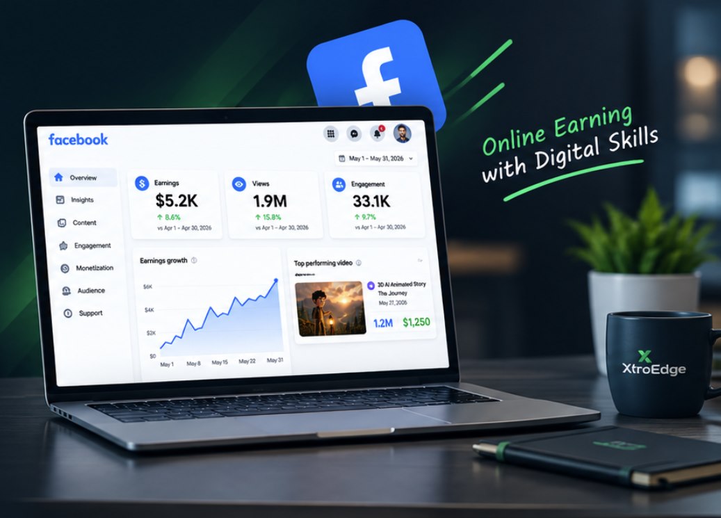 Laptop showing a Facebook earnings dashboard — online earning with digital skills